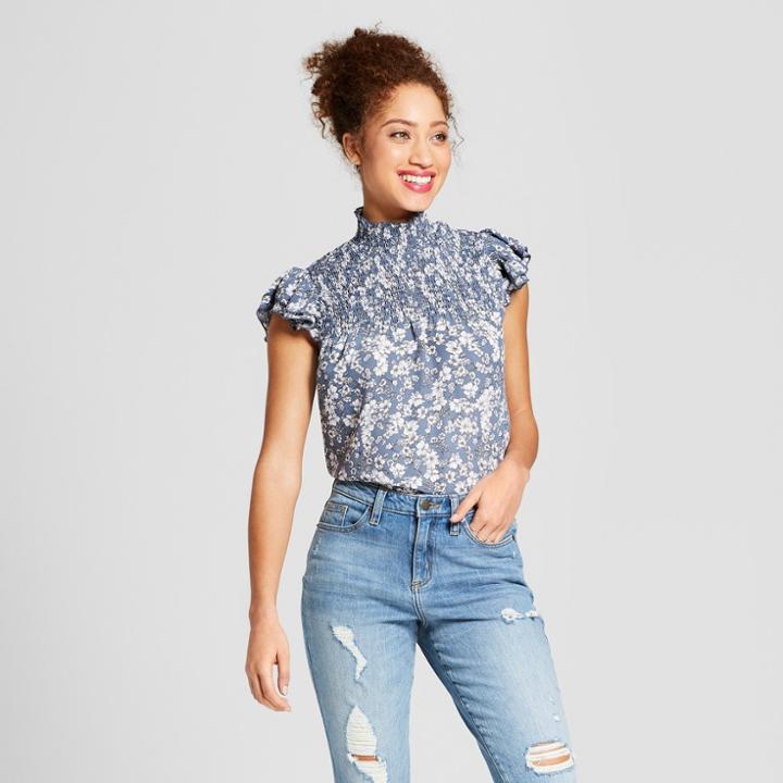 Women's Floral Print Mock Neck Smocked Flutter Sleeve Top - 3hearts (juniors') Blue L, Blue Off-white