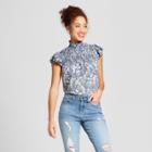 Women's Floral Print Mock Neck Smocked Flutter Sleeve Top - 3hearts (juniors') Blue L, Blue Off-white