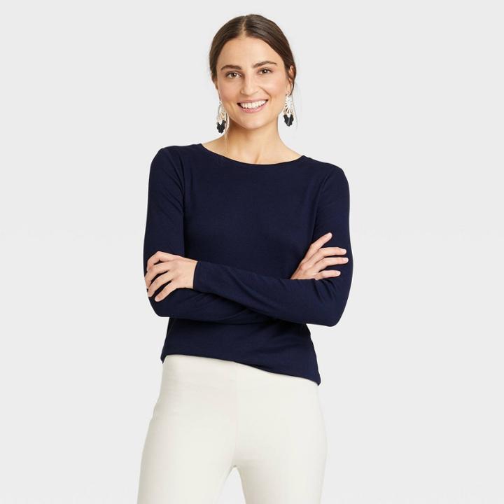 Women's Long Sleeve Ribbed T-shirt - A New Day Navy