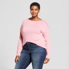 Women's Plus Size Drapey Striped Boatneck Long Sleeve T-shirt - Ava & Viv Pink X