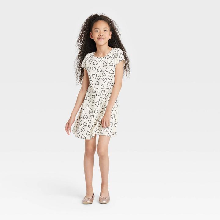 Girls' Printed Short Sleeve 100% Cotton Knit Dress - Cat & Jack Off-white
