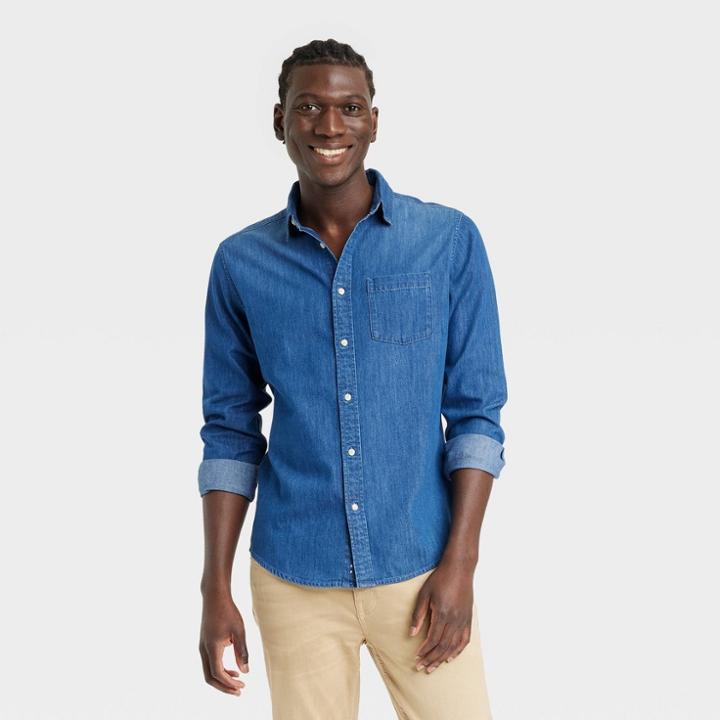 Men's Long Sleeve Button-down Shirt - Goodfellow & Co Blue Denim