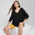 Women's Long Sleeve V-neck Cozy Rib T-shirt - Wild Fable Black
