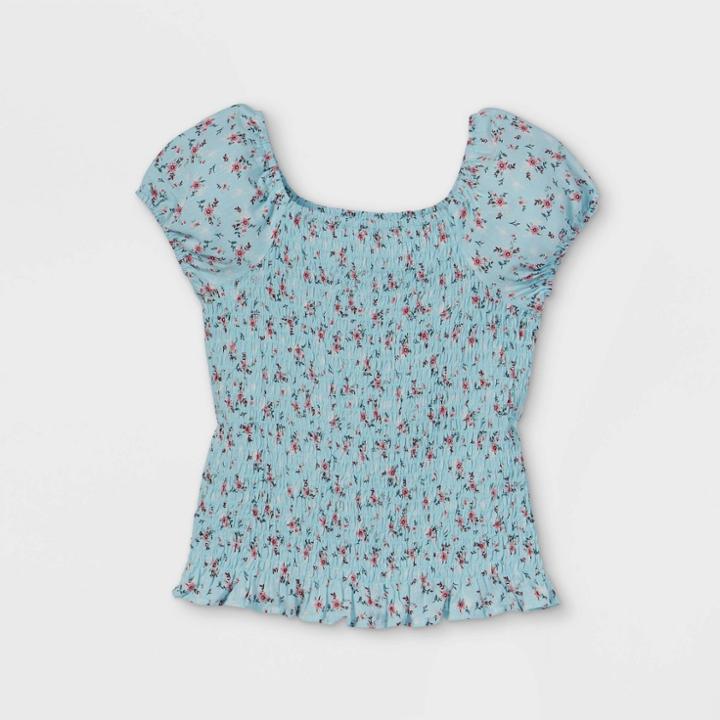 Girls' Floral Puff Short Sleeve Top - Art Class Blue