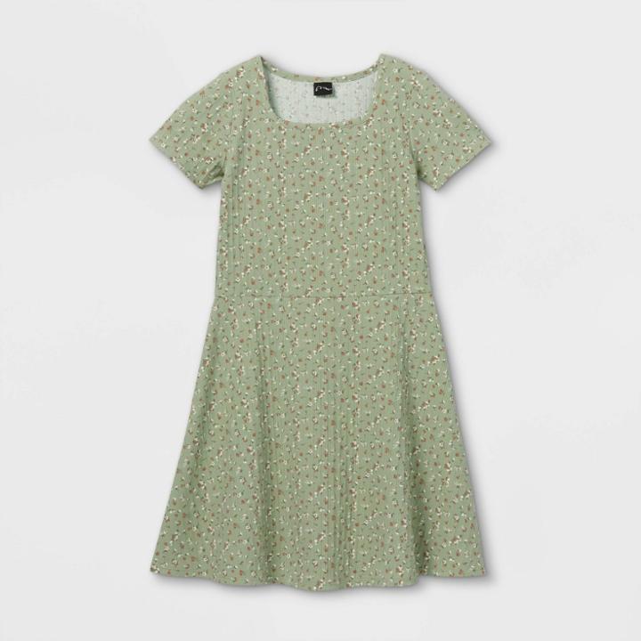 Girls' Square Neck Short Sleeve Ribbed Dress - Art Class Green