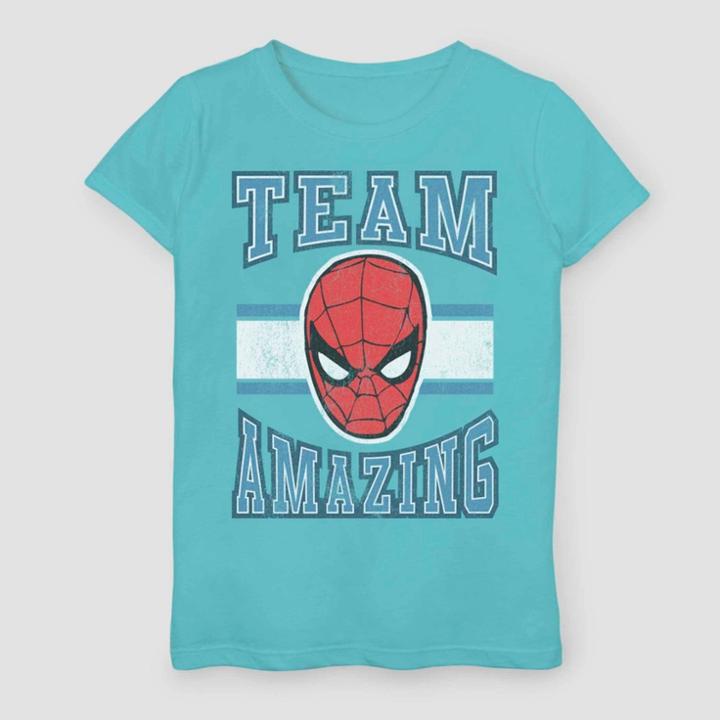 Girls' Marvel Spider-man Team Amazing Short Sleeve T-shirt - Aqua Blue