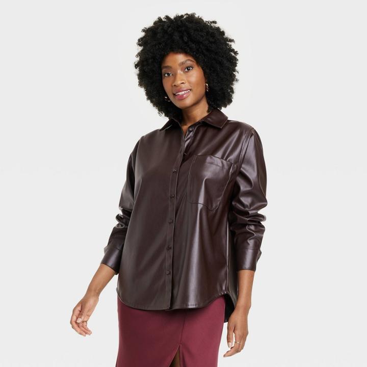 Women's Long Sleeve Faux Leather Button-down Shirt - A New Day Brown