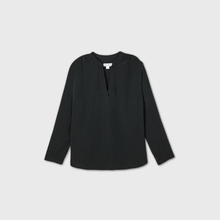 Women's Plus Size Long Sleeve Essential Popover Blouse - Ava & Viv Black X