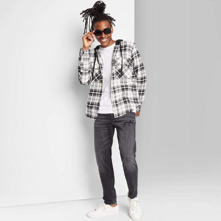 Adult Woven Checked Hooded Button-down Shirt - Original Use Ivory