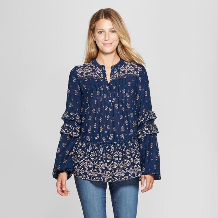 Women's Floral Print Long Sleeve Border Print Peasant Top - Knox Rose Blue