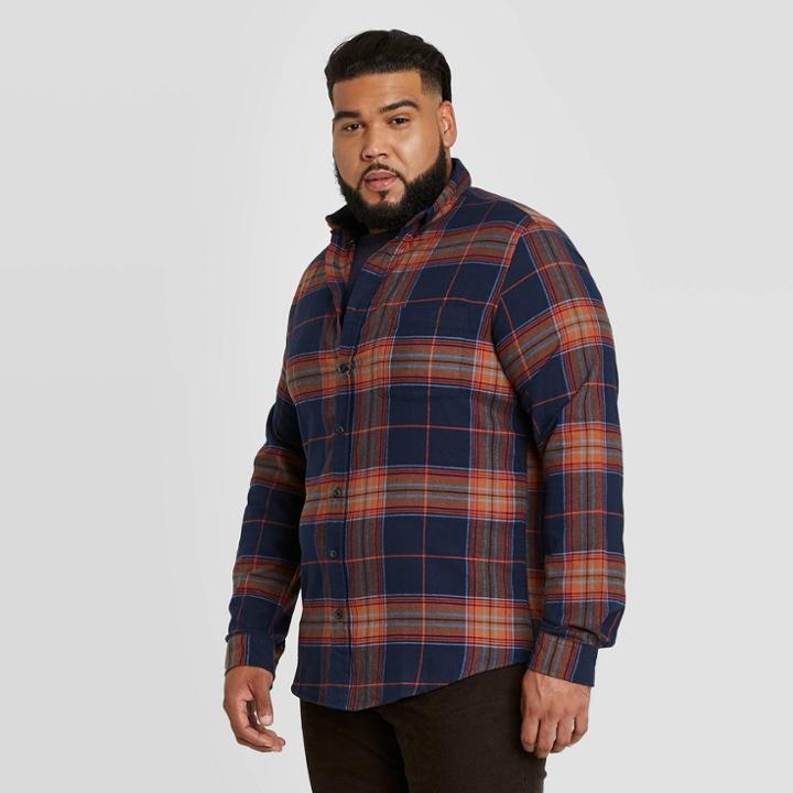 Men's Tall Standard Fit Long Sleeve 1-pocket Flannel Button-down Shirt - Goodfellow & Co Blue