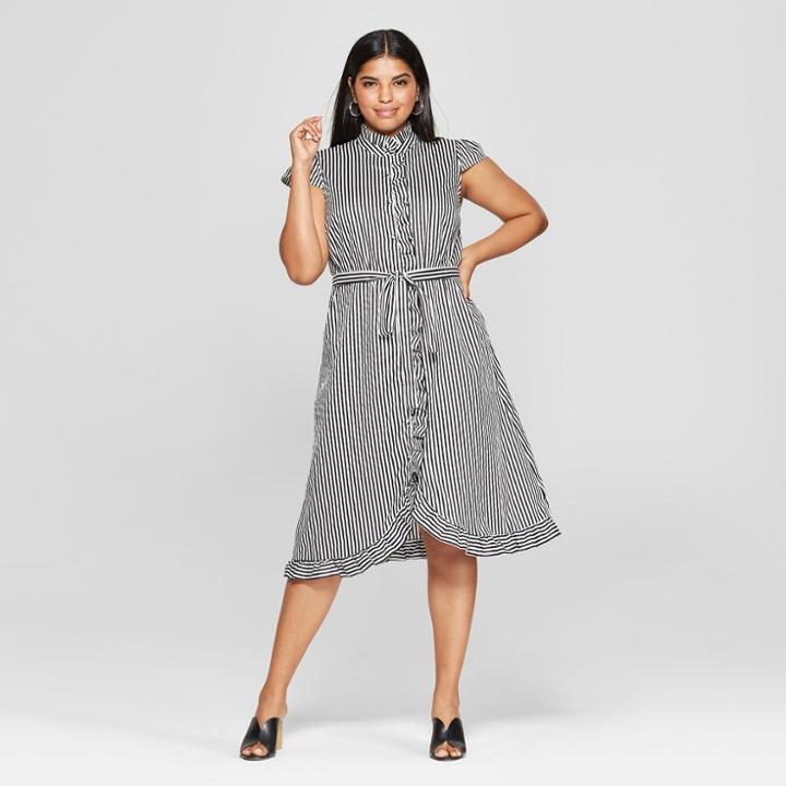 Women's Plus Size Striped Button Down Frilled Dress - Who What Wear Black/white 4x, Black/white