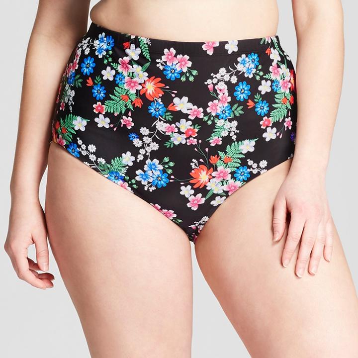 Costa Del Sol Women's Plus Size Floral Scallop High Waist Bikini Bottom - Black