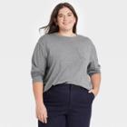 Women's Plus Size Slim Fit Long Sleeve Round Neck Pocket T-shirt - A New Day Heather Gray