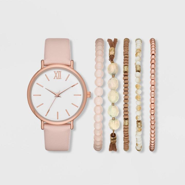 Women's Roman Strap Watch Set - A New Day Rose Gold/blush