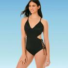 Women's Slimming Control Lace-up Side Cut Out Once Piece Swimsuit - Beach Betty By Miracle Brands Black S, Women's,