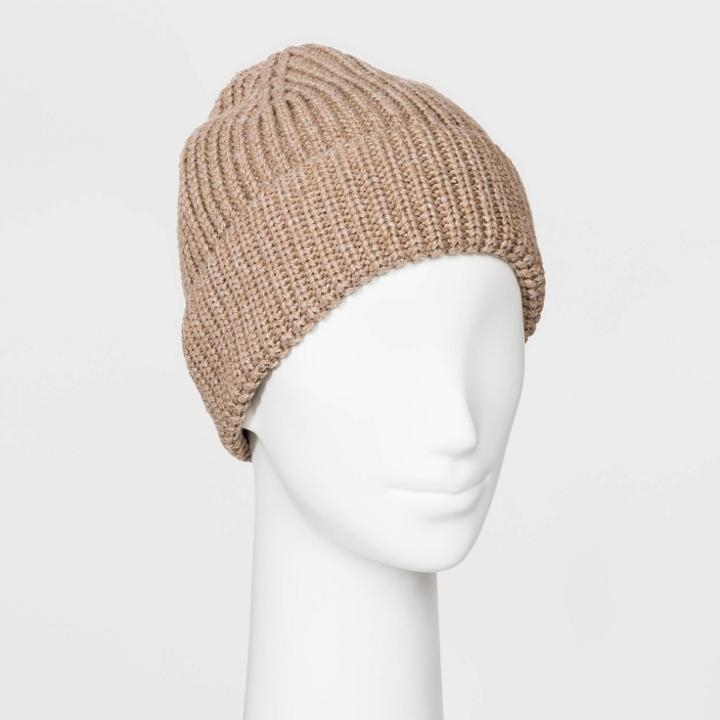 Women's Shaker Stitch Knit Cuff Beanie - A New Day Light Camel One Size, Women's