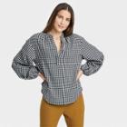 Women's Balloon Long Sleeve Popover Blouse - A New Day White Check
