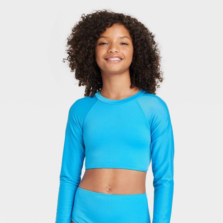 Girls' Cyber Long Sleeve Bikini Top - Art Class Turquoise Blue