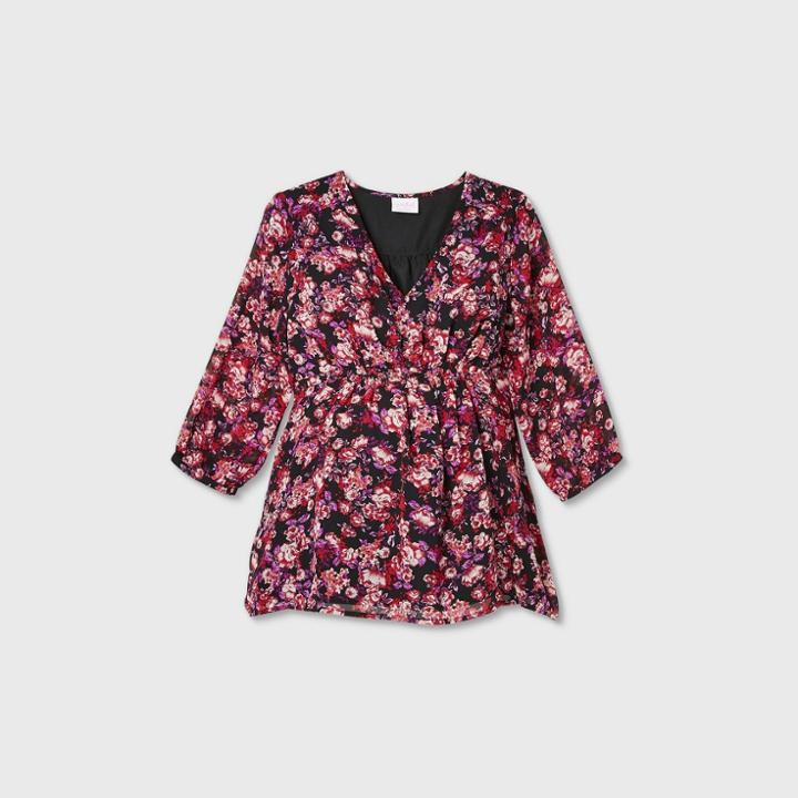 Maternity Floral Print 3/4 Sleeve Button Chiffon Woven Blouse - Isabel Maternity By Ingrid & Isabel Burgundy/black