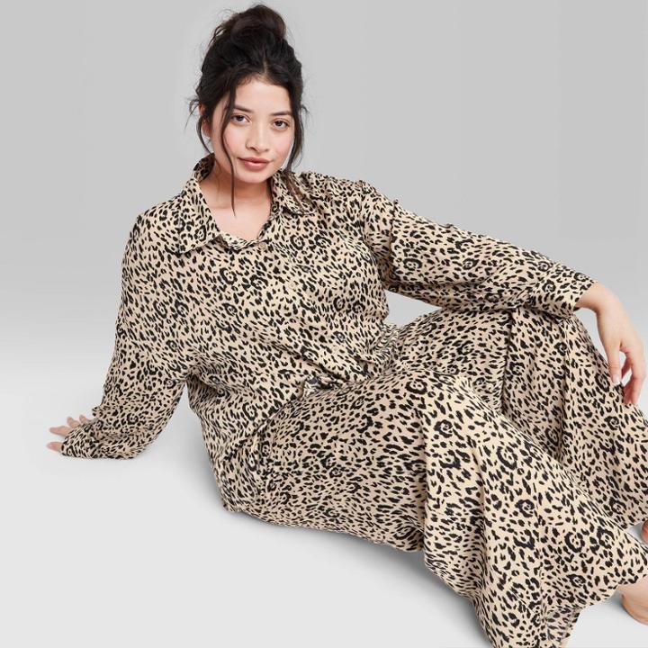 Women's Plus Size Ascot + Hart Woven Graphic Pajama Button-down Top - Tan Leopard Print