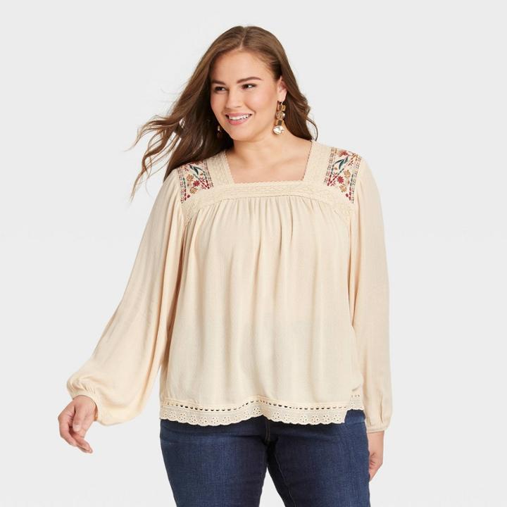 Women's Plus Size Long Sleeve Embroidered Blouse - Knox Rose Cream