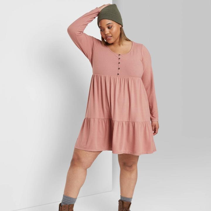 Women's Plus Size Long Sleeve Round Neck Tiered Babydoll At Knee Dress - Wild Fable Coral 1x, Women's, Size: