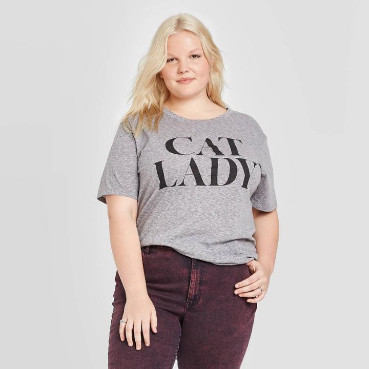 Women's Plus Size Cat Lady Short Sleeve Graphic T-shirt - Zoe+liv (juniors') - Heather Gray 1x, Women's,