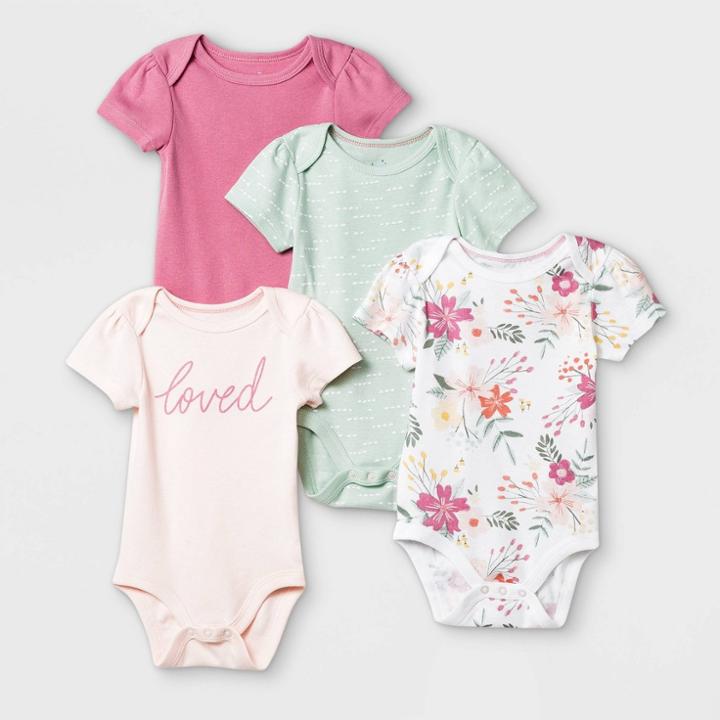 Baby Girls' 4pk Meadow Short Sleeve Bodysuit - Cloud Island Pink/white/green