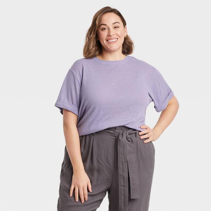 Women's Plus Size Short Sleeve Linen T-shirt - A New Day Purple