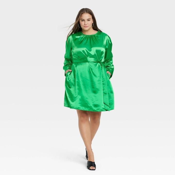 Women's Plus Size Long Sleeve Belted A-line Dress - A New Day Green