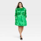 Women's Plus Size Long Sleeve Belted A-line Dress - A New Day Green