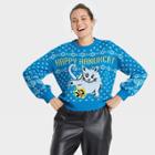 Mighty Fine Women's Happy Hanukcat Graphic Pullover Sweater - Blue