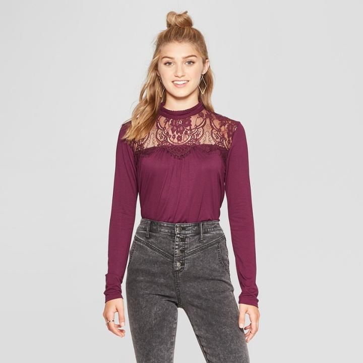 Women's Long Sleeve Lace Top High Neck Knit Top - Xhilaration Purple