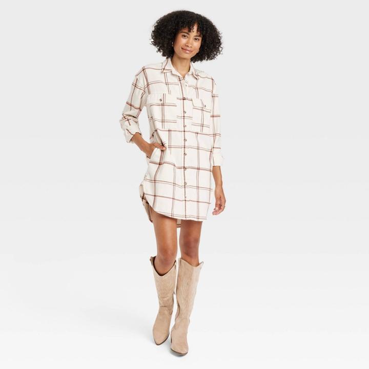 Women's Long Sleeve Button-down Shirtdress - Universal Thread Cream Plaid Xs, Ivory Plaid