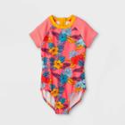 Girls' Retro Tropical Floral Print Short Sleeve Back-zip One Piece Swimsuit - Art Class Coral