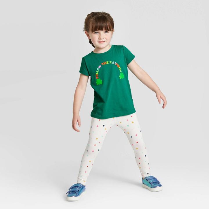 Toddler Girls' 'follow The Rainbow' Shamrock T-shirt- Cat & Jack Dark Green 3t, Toddler Girl's