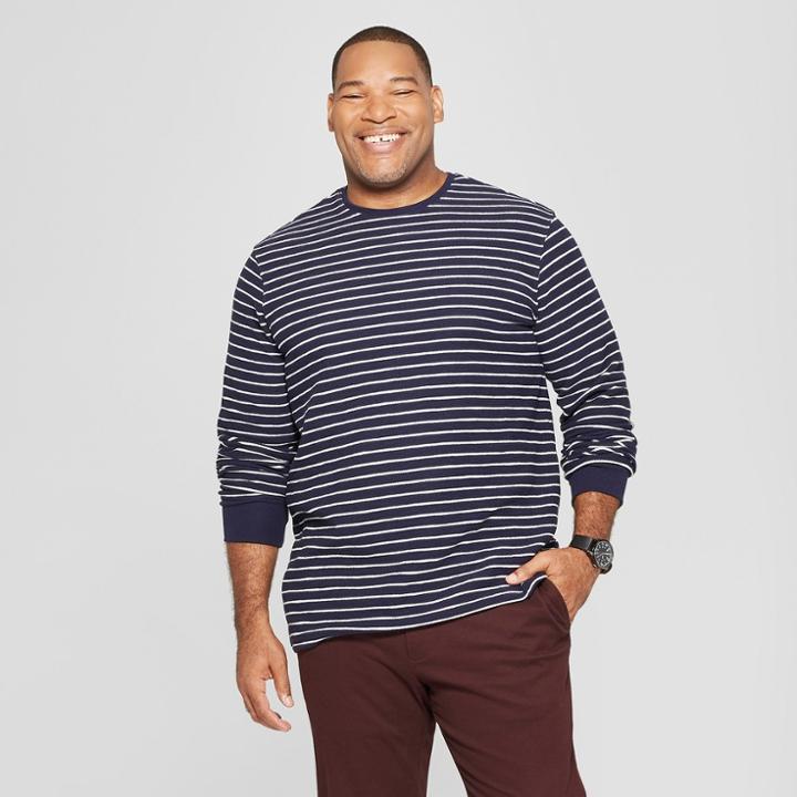 Men's Tall Striped Standard Fit Long Sleeve Textured Crew Neck Shirt - Goodfellow & Co Xavier Navy