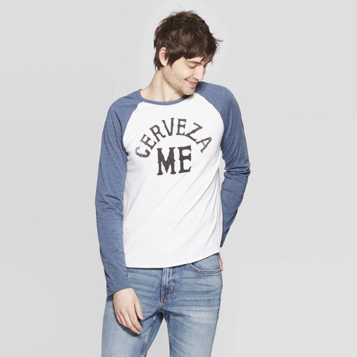 Men's Long Sleeve Cerveza Me Raglan Graphic T-shirt Awake Heather White/blue M, Size:
