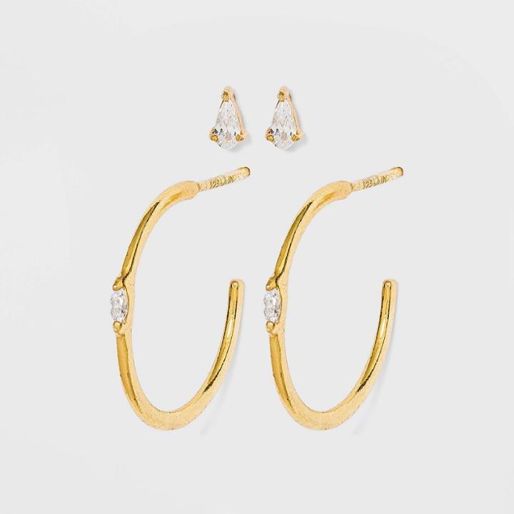 Sterling Silver Hoop And Cubic Zirconia Duo Stud Earring Set - A New Day Gold