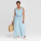 Women's Plus Size Sleeveless V-neck Denim Jumpsuit - Ava & Viv Chambray