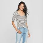 Women's Striped Short Sleeve Square Neck Top - Almost Famous (juniors') Cream