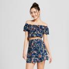 Women's Flutter Sleeve Floral Print Off The Shoulder Button Front Cropped Top - Xhilaration Navy (blue)