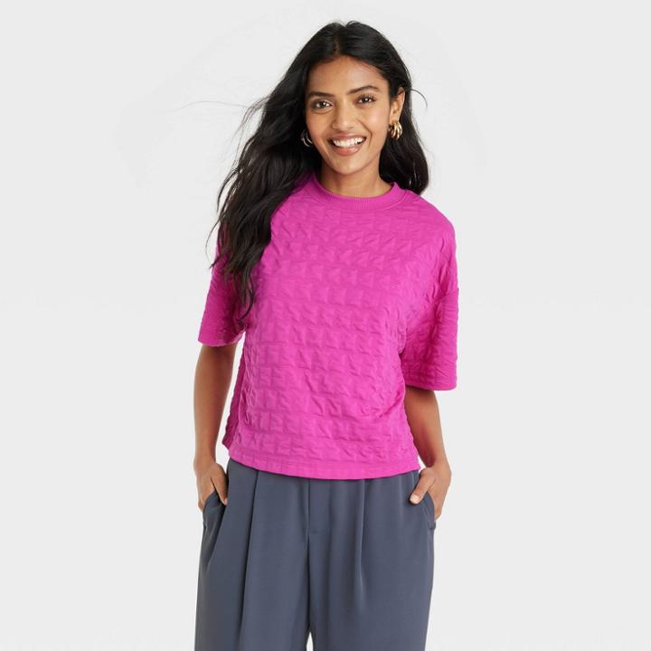 Women's Bell Short Sleeve Quilted Boxy T-shirt - A New Day Pink