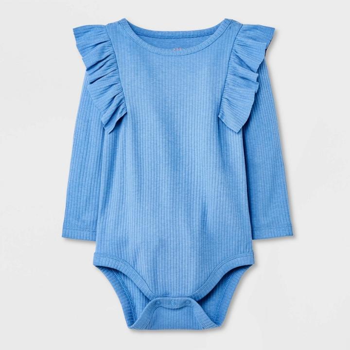 Baby Girls' Ribbed Ruffle Long Sleeve Bodysuit - Cat & Jack Blue Newborn