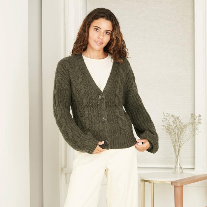 Women's V-neck Cable Knit Button-front Cardigan - A New Day Olive Green
