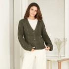 Women's V-neck Cable Knit Button-front Cardigan - A New Day Olive Green