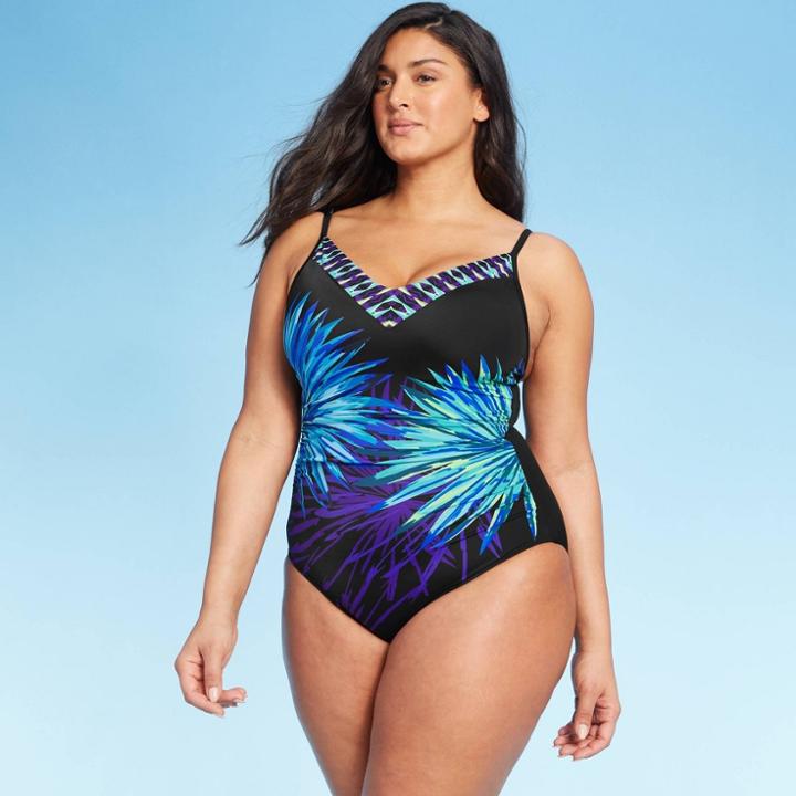 Women's V-neck One Piece Swimsuit - Aqua Green - Black Print M,