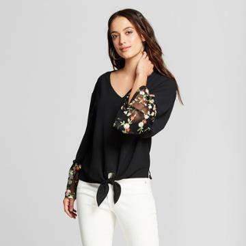 Women's Long Bell Sleeve Embroidered Tulle Blouse - Notations Black