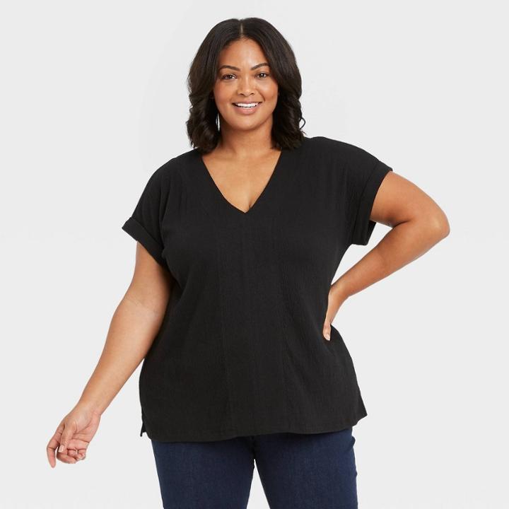 Women's Plus Size Short Sleeve V-neck Blouse - Ava & Viv Black X